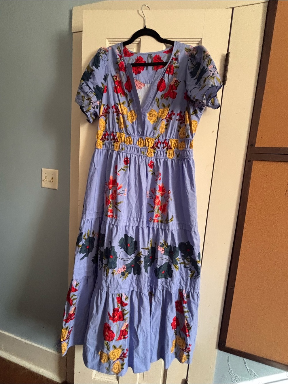 Anthropologie Somerset Lavender Maxi Dress with Red and Yellow Floral Embroidery